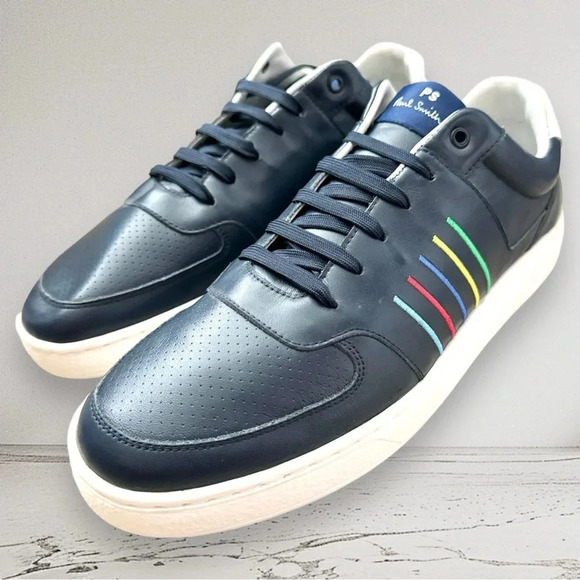 NEW PAUL SMITH Leather Saturn Trainers Sneakers Dark Navy Rainbow Stripe 8 - Picture 2 of 11